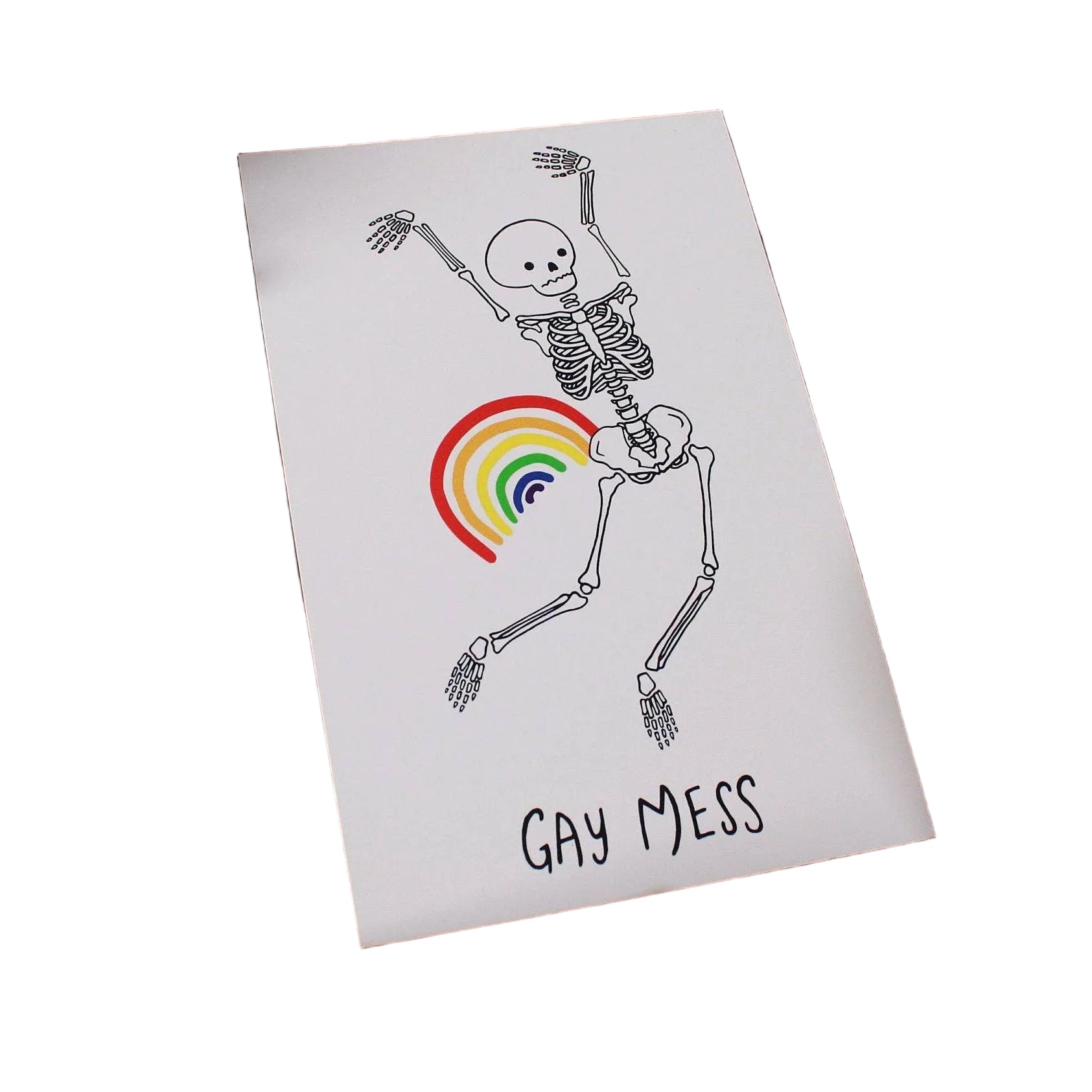 Hand-drawn illustrated print of a dancing skeleton with a small rainbow near its hip and the hand-lettered words Gay Mess below, on cream cardstock
