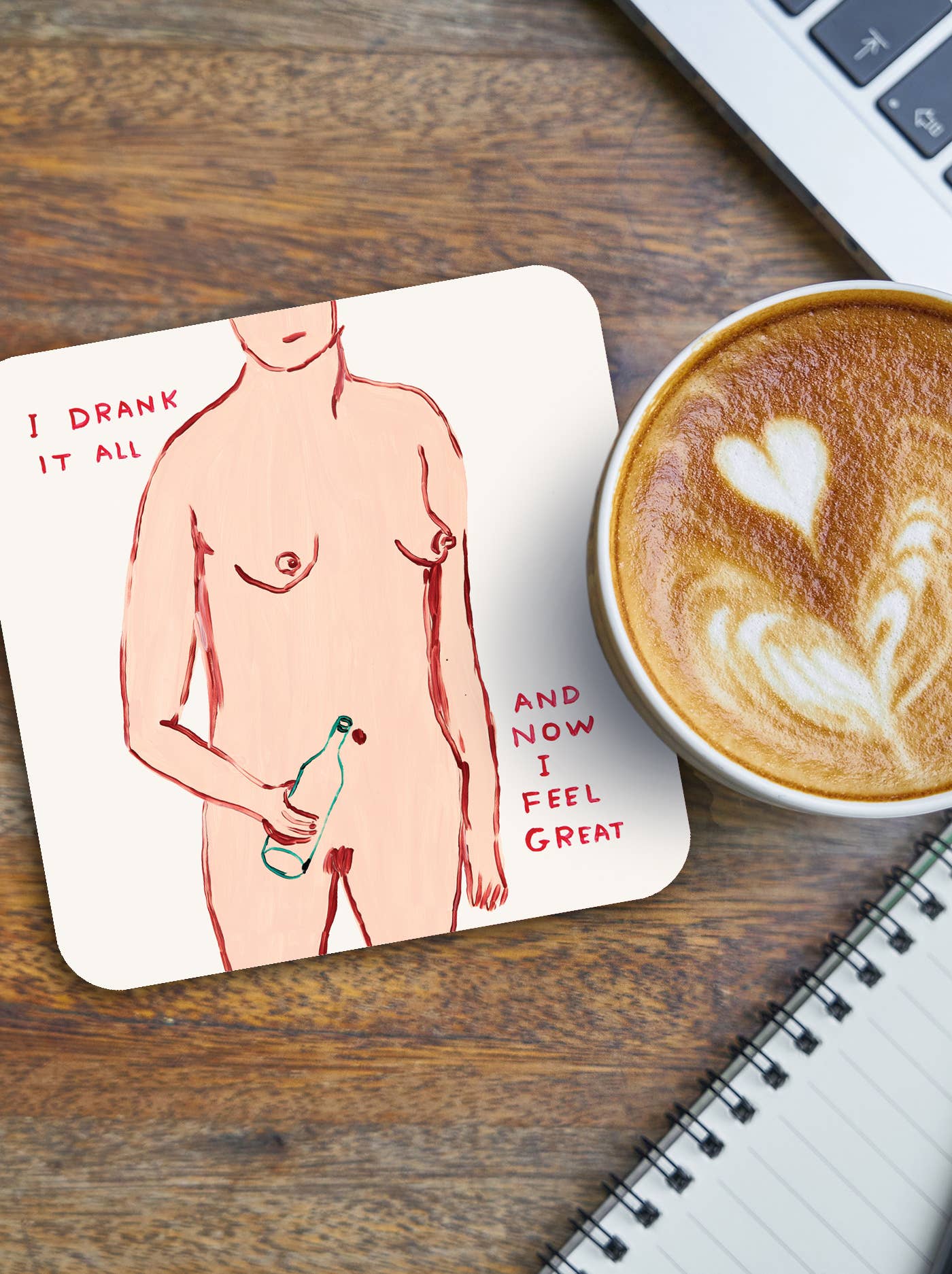 David Shrigley x Brainbox Candy I Drank It All coaster, cork-backed melamine - PABOOM