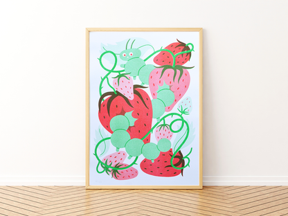 Eat Yer Strawbs A4 Risograph Print — illustration of a green caterpillar winding through large red strawberries