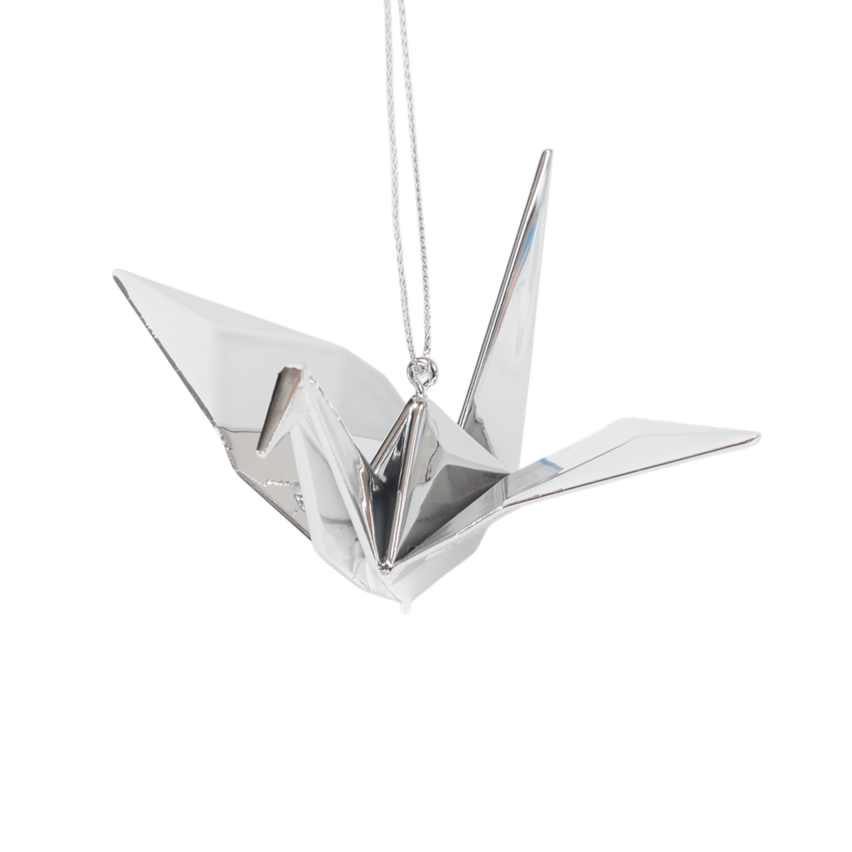 Shiny metallic silver origami crane ornament hanging from a silver cord - PABOOM