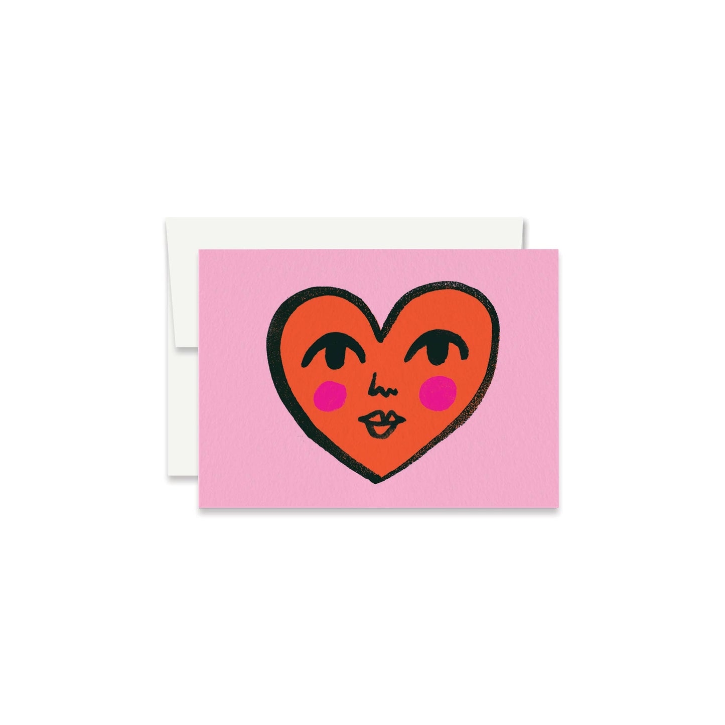 Orange heart with a face and pink blush cheeks on a pink background