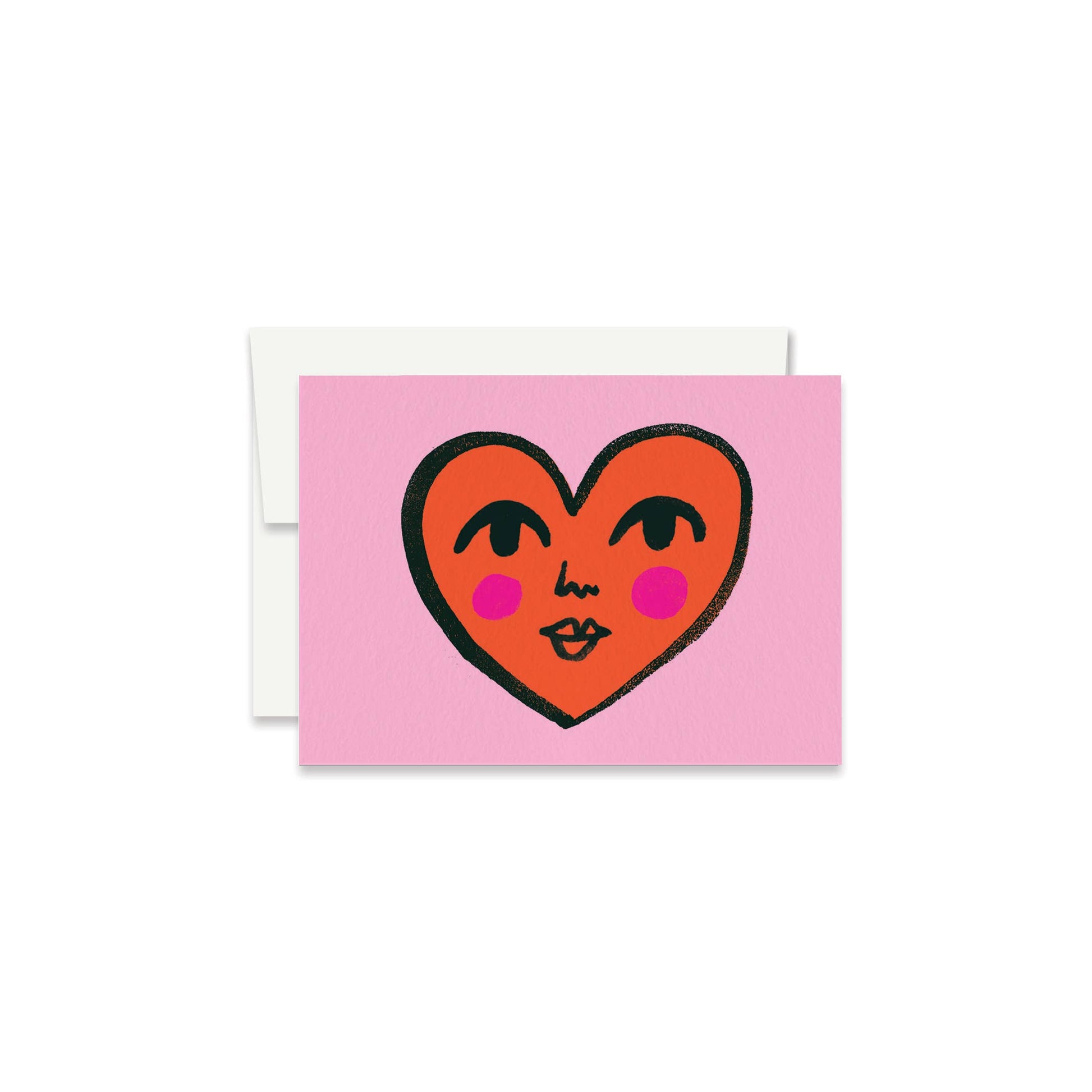 Orange heart with a face and pink blush cheeks on a pink background