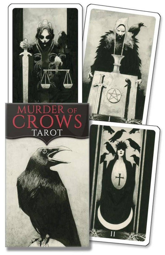 Murder of Crows mini tarot deck box with a black crow beside gothic black-and-white tarot cards - PABOOM