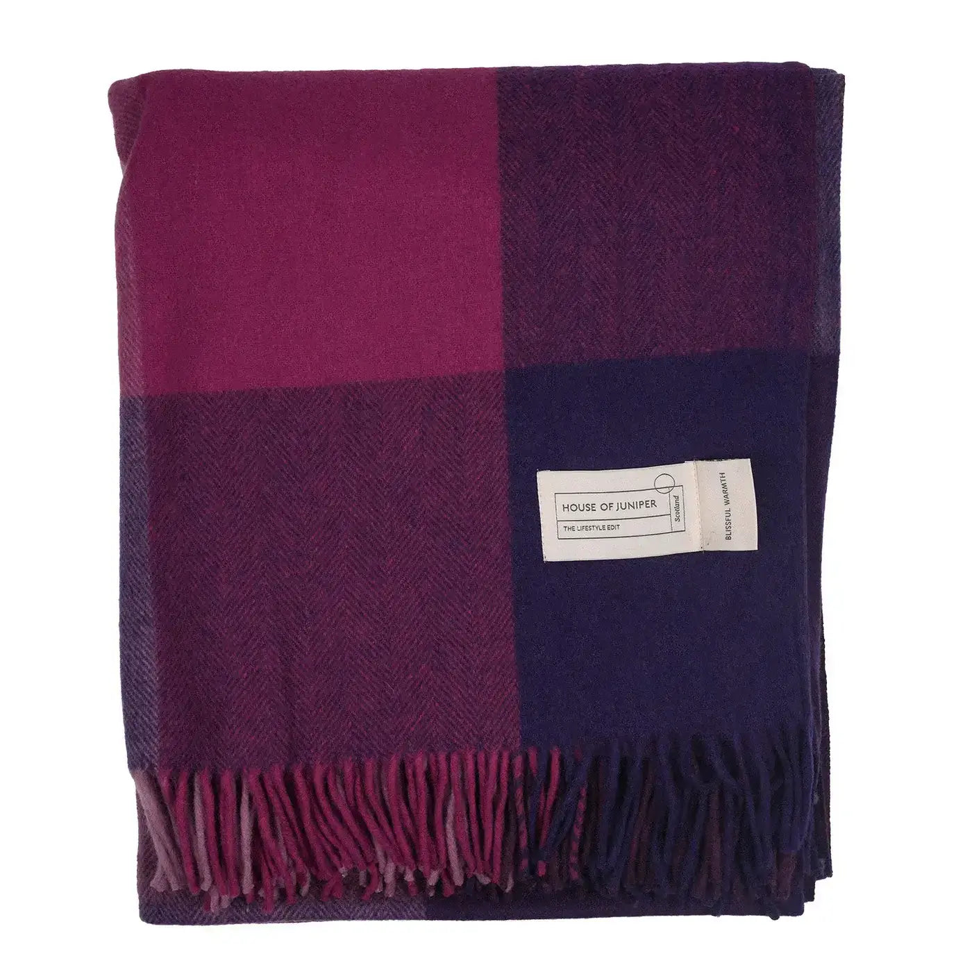 Purple Mix Check wool herringbone throw folded to show fringe detail - PABOOM