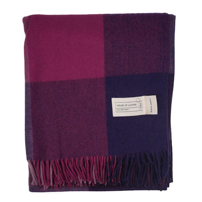 Purple Mix Check wool herringbone throw folded to show fringe detail - PABOOM