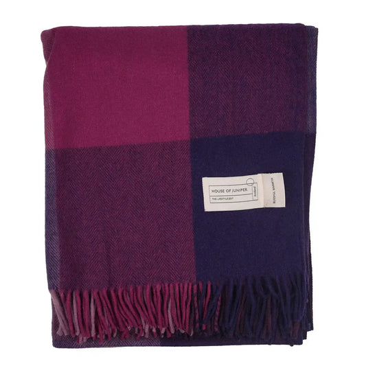 Purple Mix Check wool herringbone throw folded to show fringe detail - PABOOM