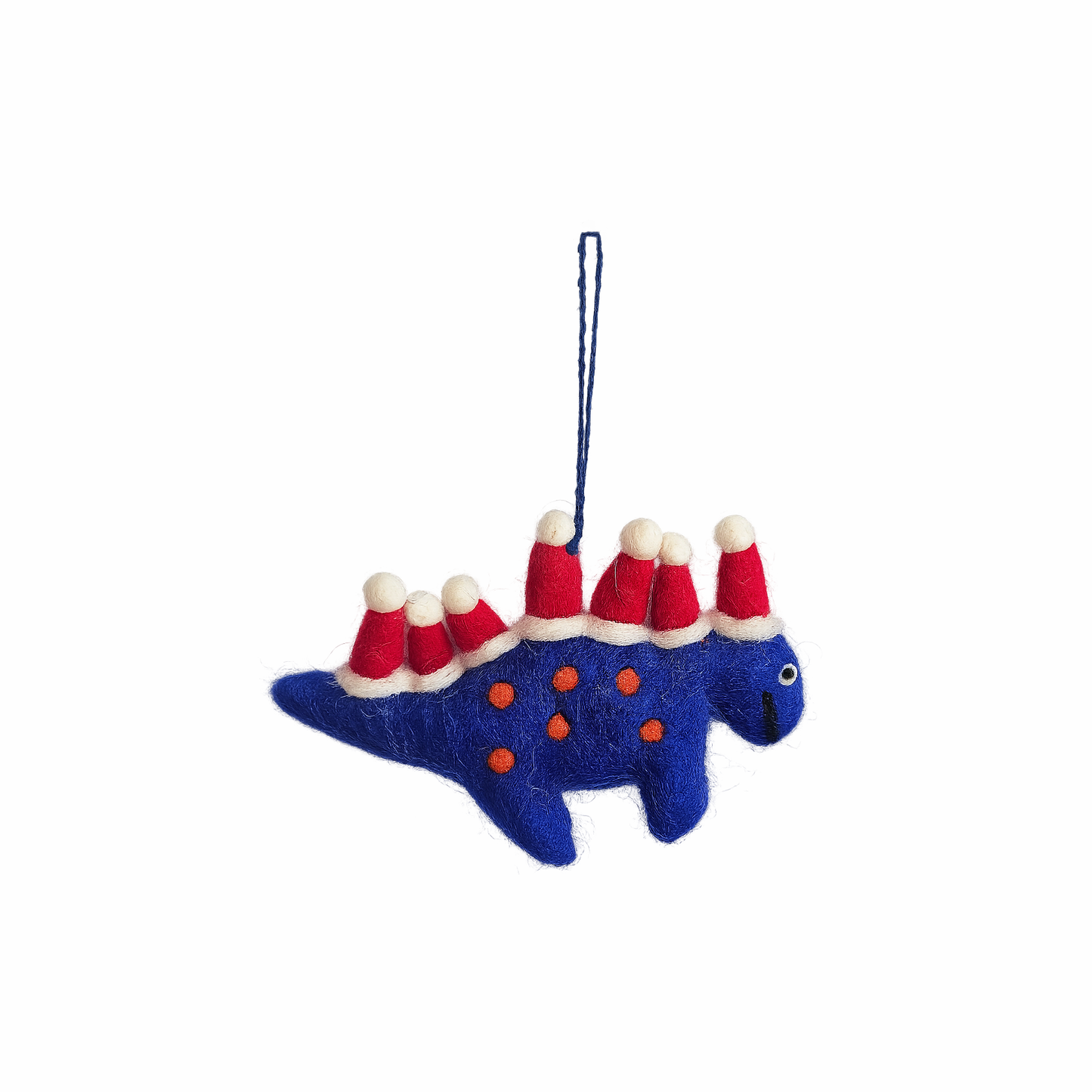Handmade felt Blue Dinosaur with Santa Hats Hanging Dec