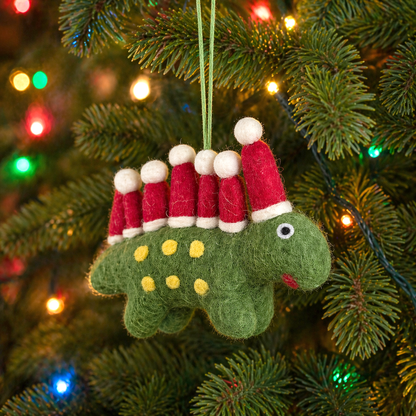 Handmade felt Green Dinosaur with Santa Hats Hanging Dec
