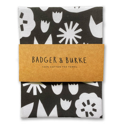 June Floral black and white cotton tea towel full print - PABOOM