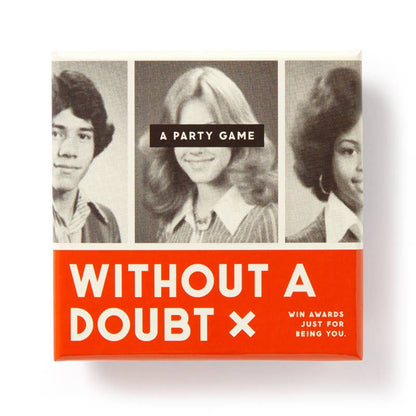 Without a Doubt party game box with vintage yearbook photos and a red banner - PABOOM