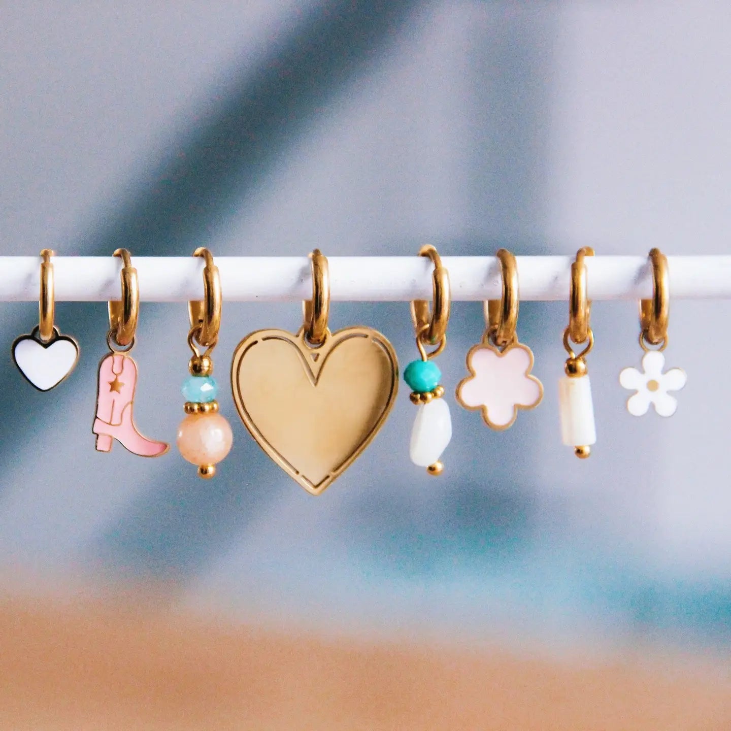 Heart Charm Earrings, White/Gold