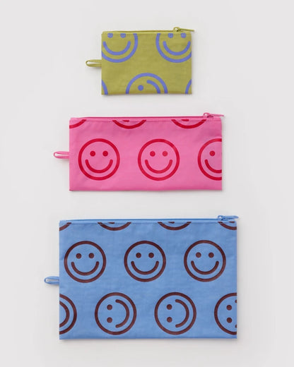 BAGGU Flat Pouch Set in pop happy mix, three zip pouches in graduated sizes - PABOOM