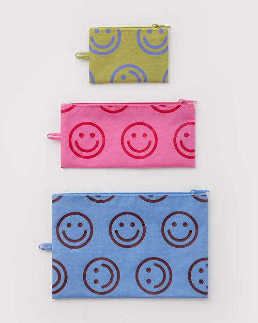 BAGGU Flat Pouch Set in pop happy mix, three zip pouches in graduated sizes - PABOOM