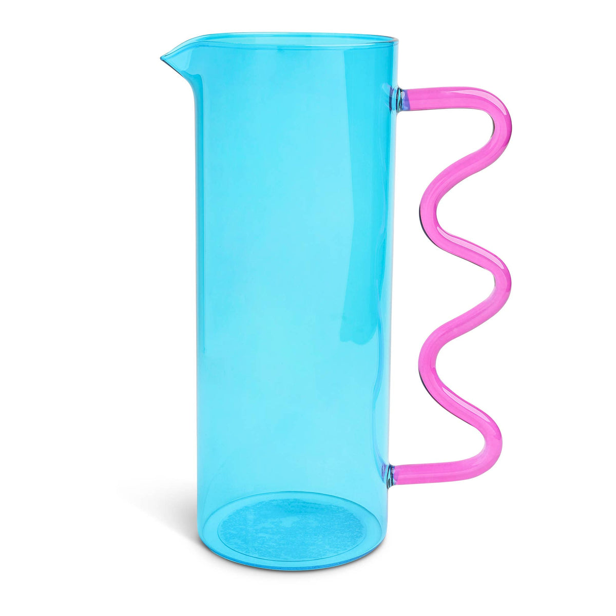 Aqua glass 44oz Squiggle Pitcher with a pink wavy squiggle handle, angled to show the spout
