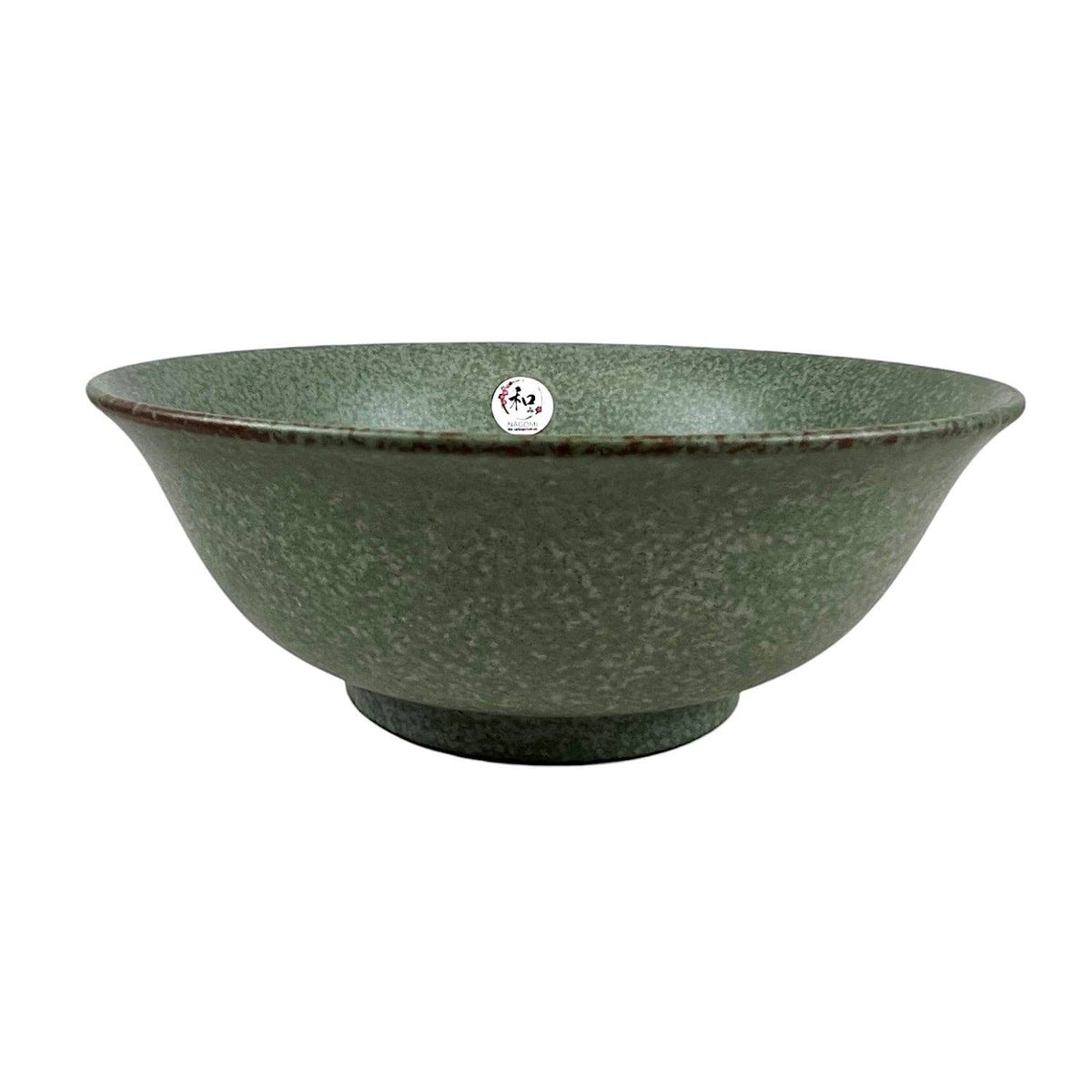 Large flared speckled sage green porcelain ramen bowl with brown rim - PABOOM