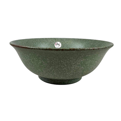 Large flared speckled sage green porcelain ramen bowl with brown rim - PABOOM