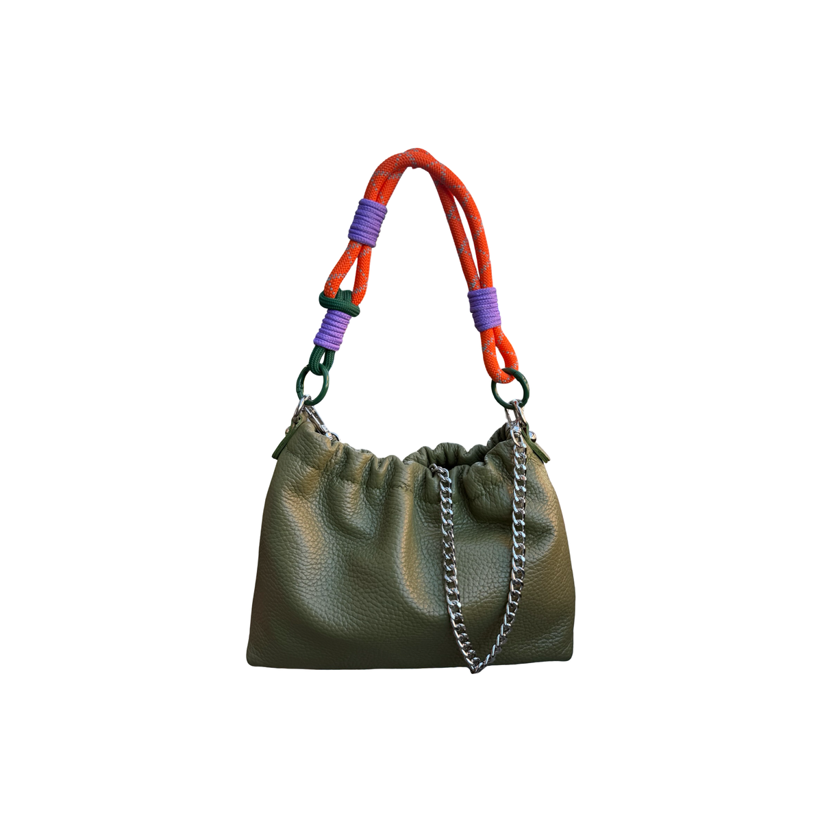 Louisa Lee Plissa Small drawstring bag in khaki grained leather with orange and purple braided cord - PABOOM