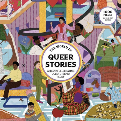 The World of Queer Stories 1000 piece puzzle with an illustrated bookshop full of literary figures - PABOOM