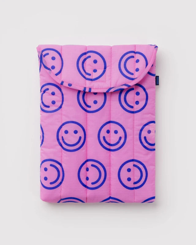 BAGGU Puffy Laptop Sleeve 13"/14" in Pop Pink Happy print with velcro flap closure - PABOOM