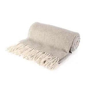 Rolled Grey herringbone wool throw blanket in heathered grey with cream fringe - PABOOM