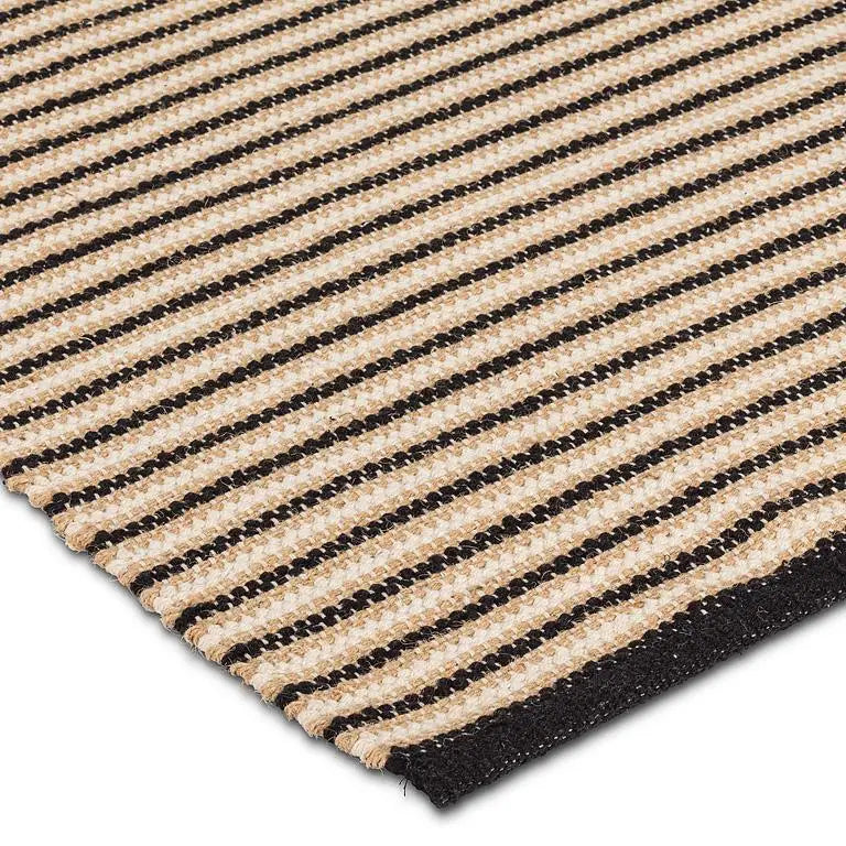 Close-up of black and sand striped cotton jute rug texture – durable woven detail - PABOOM