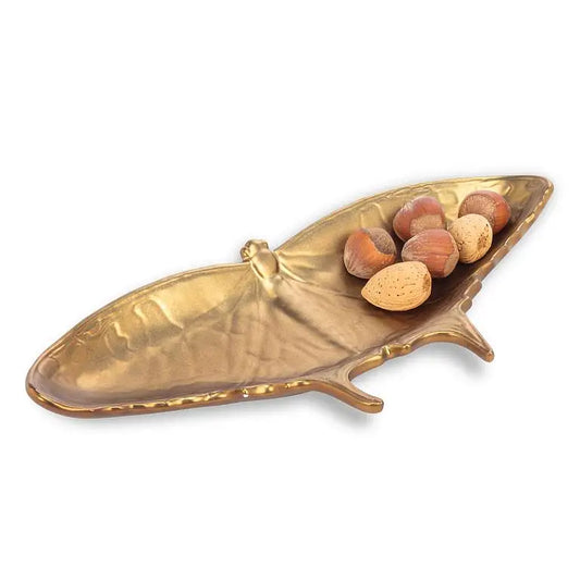Gold ceramic butterfly trinket dish with detailed wings – filled with mixed nuts – 9.5” wide - PABOOM