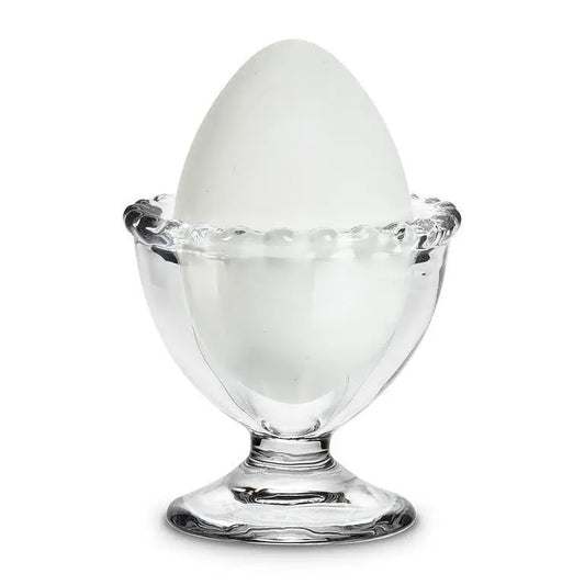 Glass egg cup with pedestal bottom and scalloped dotted rim | PABOOM