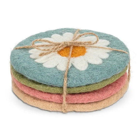 Stacked felted wool daisy coasters tied with rustic twine – 4 colourful handmade coasters - PABOOM