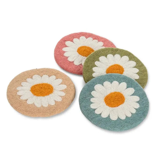 Set of 4 round daisy felt coasters in assorted colours – handmade wool coasters with floral design - PABOOM