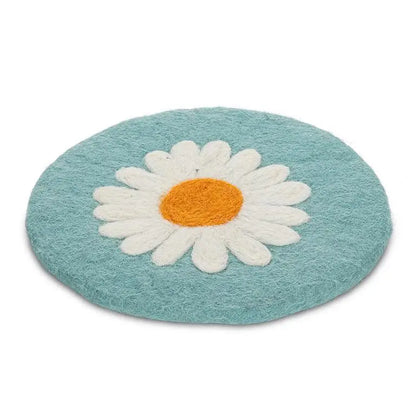 Blue felted wool daisy trivet with white petals and yellow center – handmade fair trade - PABOOM