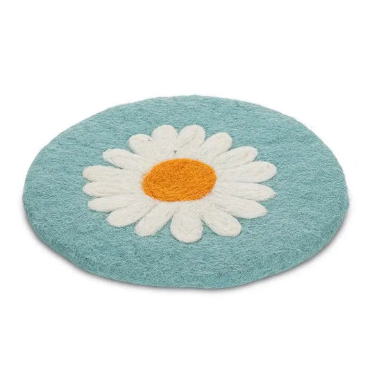 Blue felted wool daisy trivet with white petals and yellow center – handmade fair trade - PABOOM