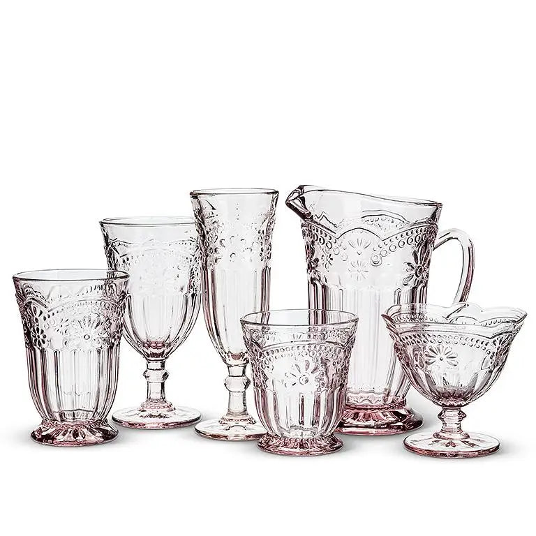 Collection of pink vintage-style glassware including flower jug and glasses - PABOOM