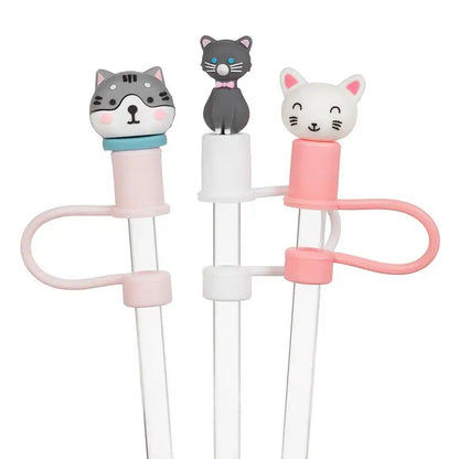 Three jumbo straws with silicone cat toppers – white, black, and grey cats – drink markers for parties - PABOOM