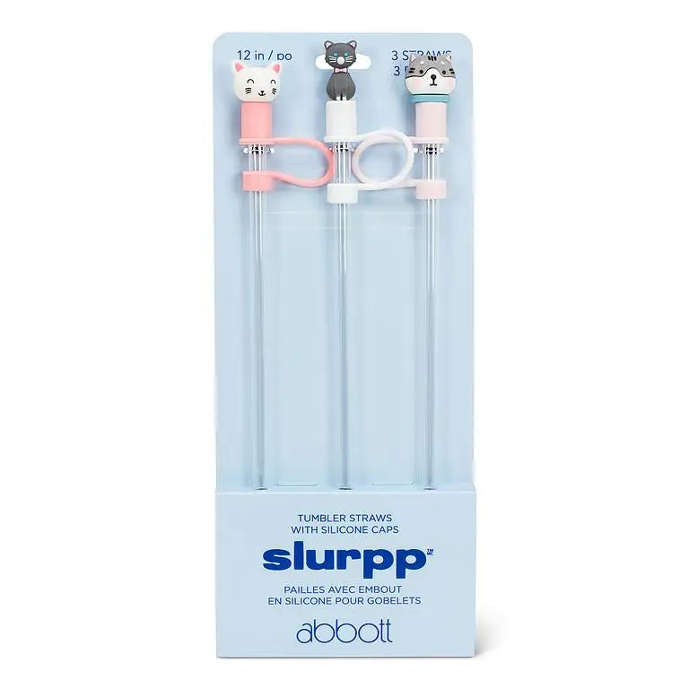 Set of 3 jumbo reusable straws with cat-shaped silicone caps in retail packaging – Slurpp by Abbott - PABOOM