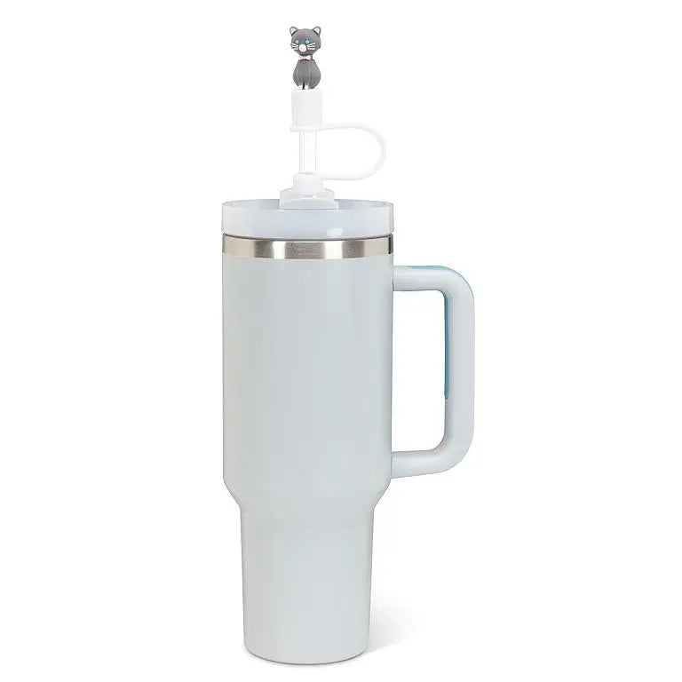 Jumbo straw with black cat cap inserted into tall travel tumbler – fun and reusable drink accessory - PABOOM