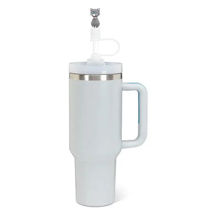 Jumbo straw with black cat cap inserted into tall travel tumbler – fun and reusable drink accessory - PABOOM