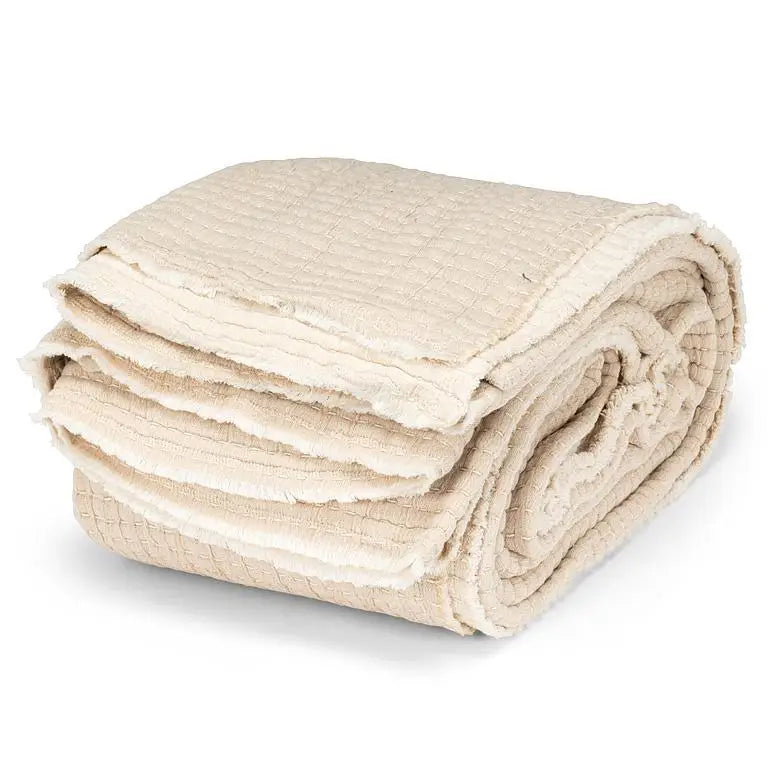 Rolled beige Kantha bed cover showing layered stonewashed cotton and stitched texture, 90x90 - PABOOM