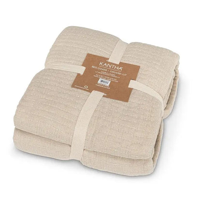 "Folded beige Kantha bed cover with label and straps, stonewashed cotton 90x90 - PABOOM"