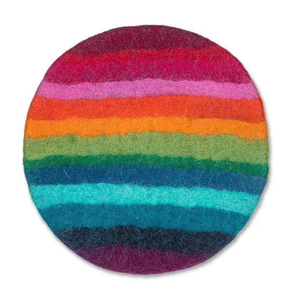 Round rainbow-striped wool felt trivet – handcrafted fair trade hot pad in vibrant colours, 8” diameter - PABOOM