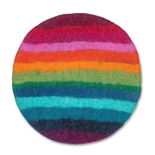 Round rainbow-striped wool felt trivet – handcrafted fair trade hot pad in vibrant colours, 8” diameter - PABOOM