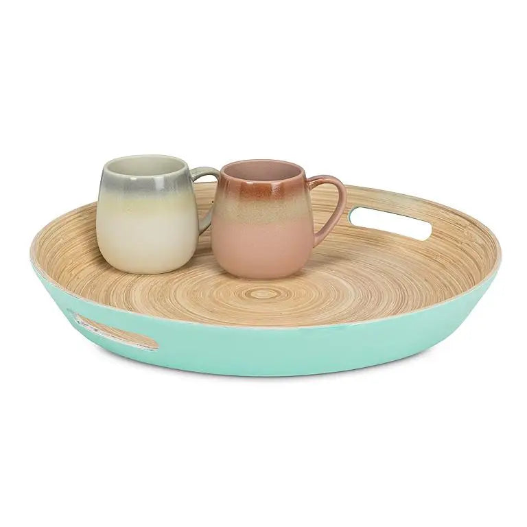 Round Bamboo Tray with Handles - Turquoise