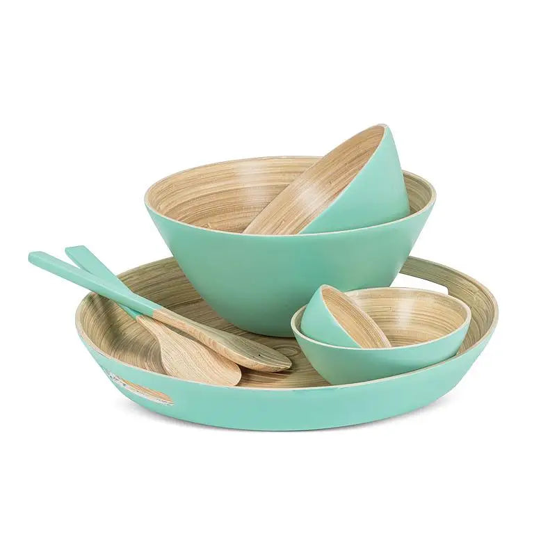 Round Bamboo Tray with Handles - Turquoise