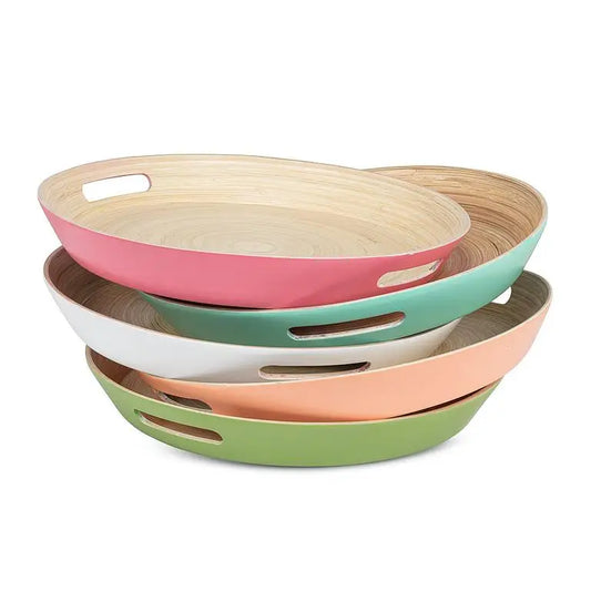 Round Bamboo Tray with Handles - Turquoise