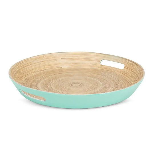 Round Bamboo Tray with Handles - Turquoise