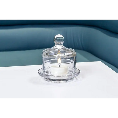 Clear glass domed dish used as tealight candle holder – versatile mini server or decor accent - PABOOM
