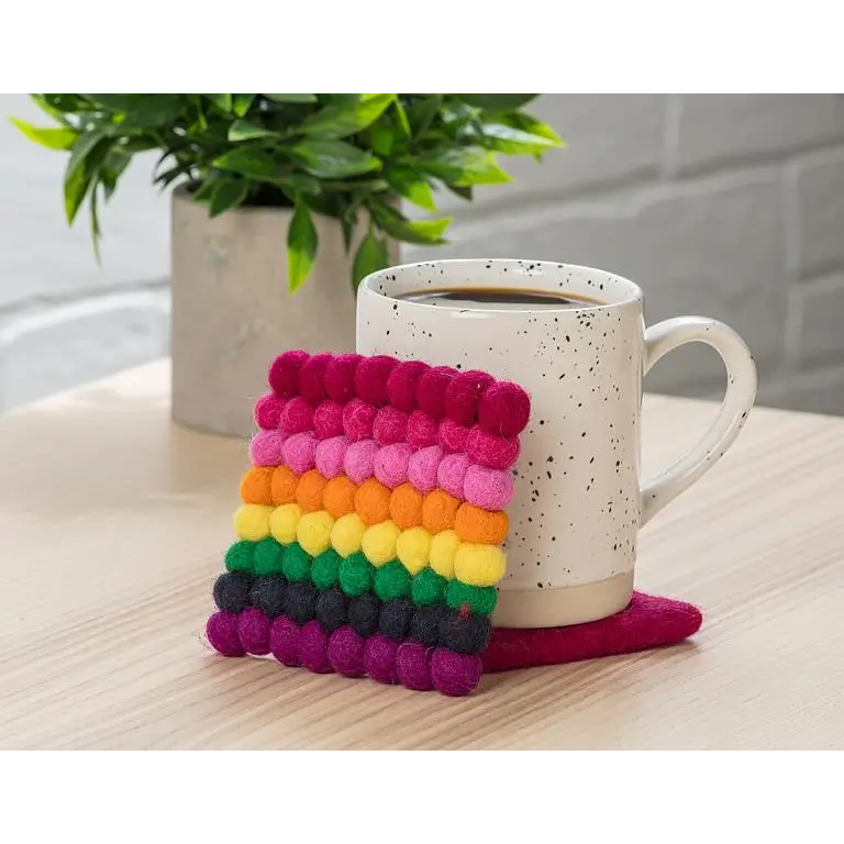 Abbott - Sq Rainbow Stripe Pompom Coaster 4’’