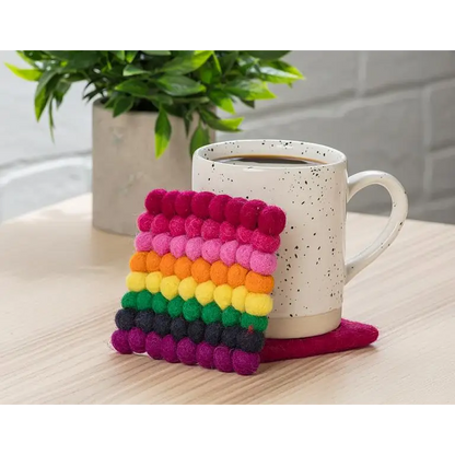 Abbott - Sq Rainbow Stripe Pompom Coaster 4’’