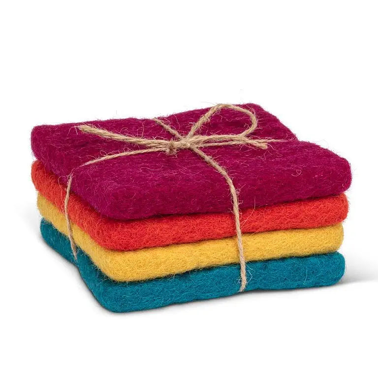 Set of 4 colourful felted wool coasters tied with twine – fair trade handcrafted in Nepal - PABOOM