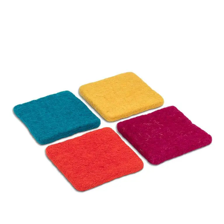 Four colourful square felted wool coasters – red, yellow, orange, teal handmade in Nepal - PABOOM