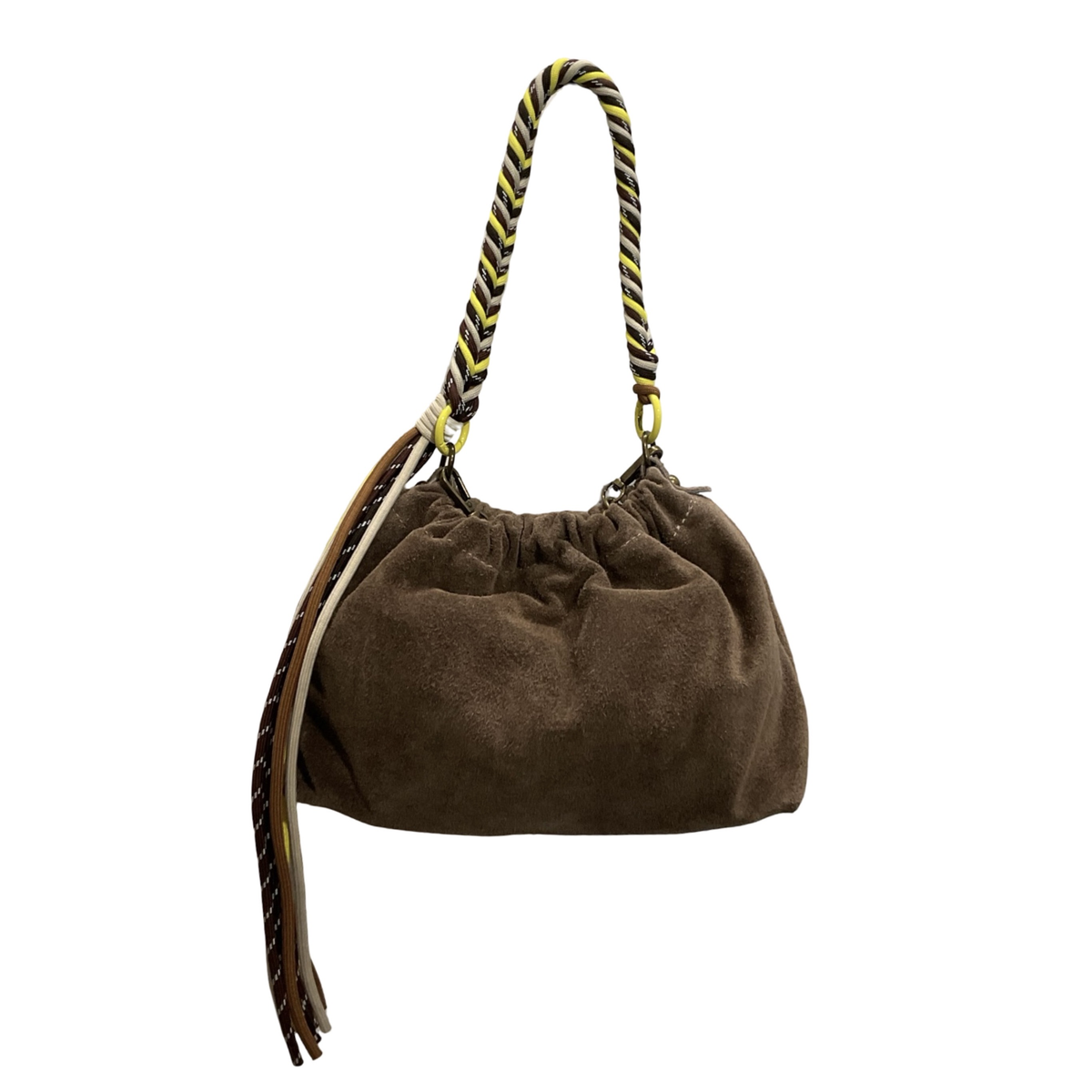 Louisa Lee Plissa Medium drawstring bag in taupe suede with gold and grey braided cord - PABOOM